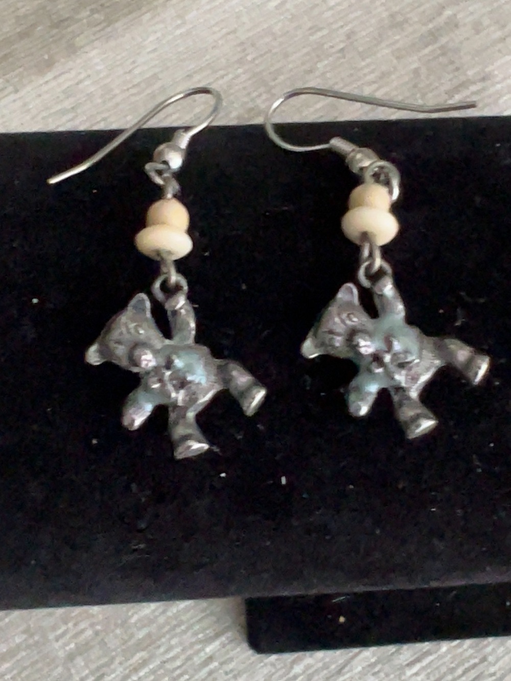 Hanging Silver Teddy Bear in Blue Shirt Earrings